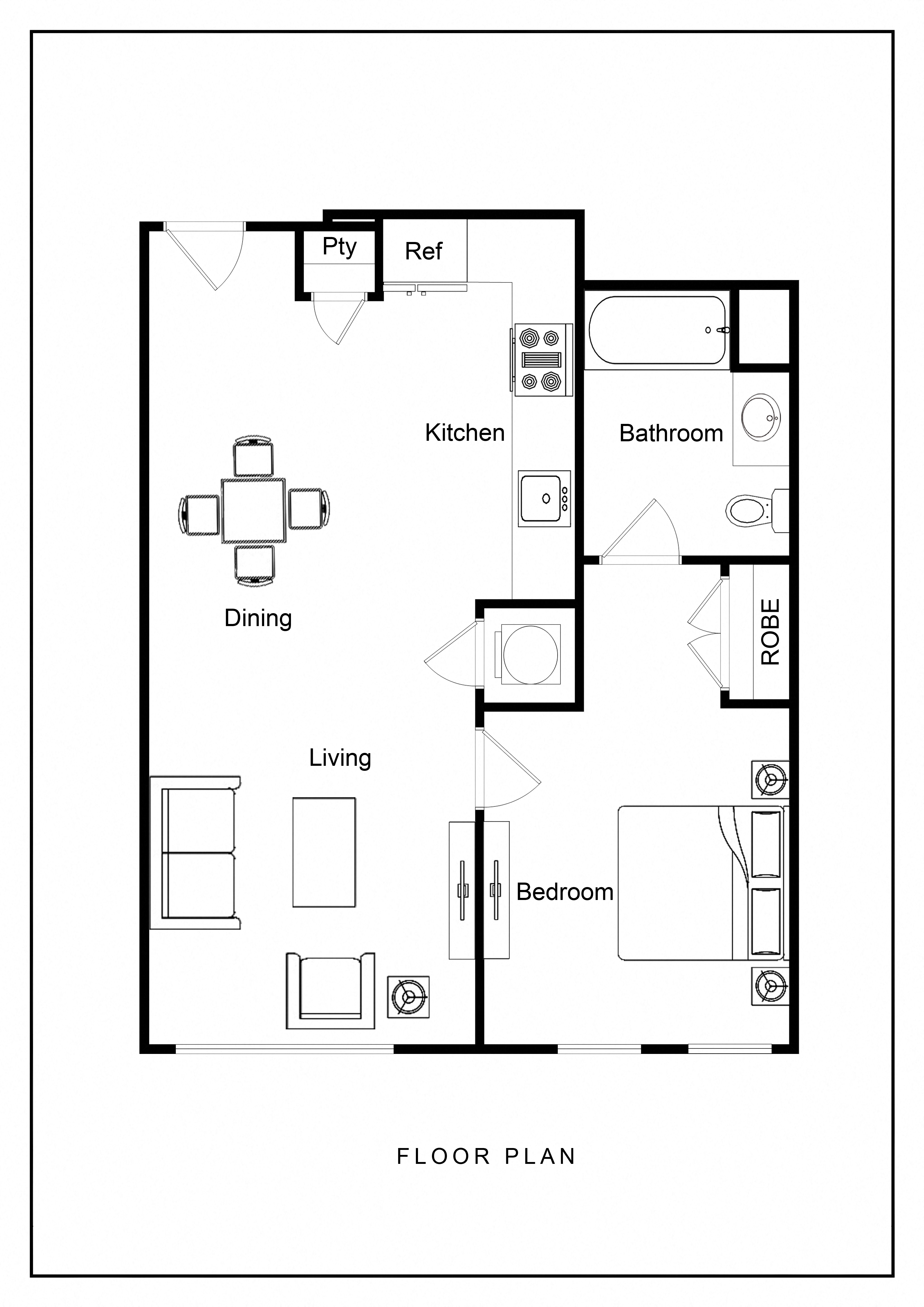 Floor plan for 1 bed, 1 bath, 644 sqft